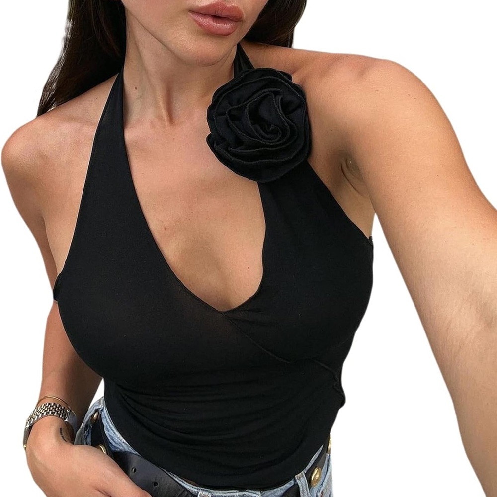 NWT BLACK HALTER TOP FLOWER DETAIL